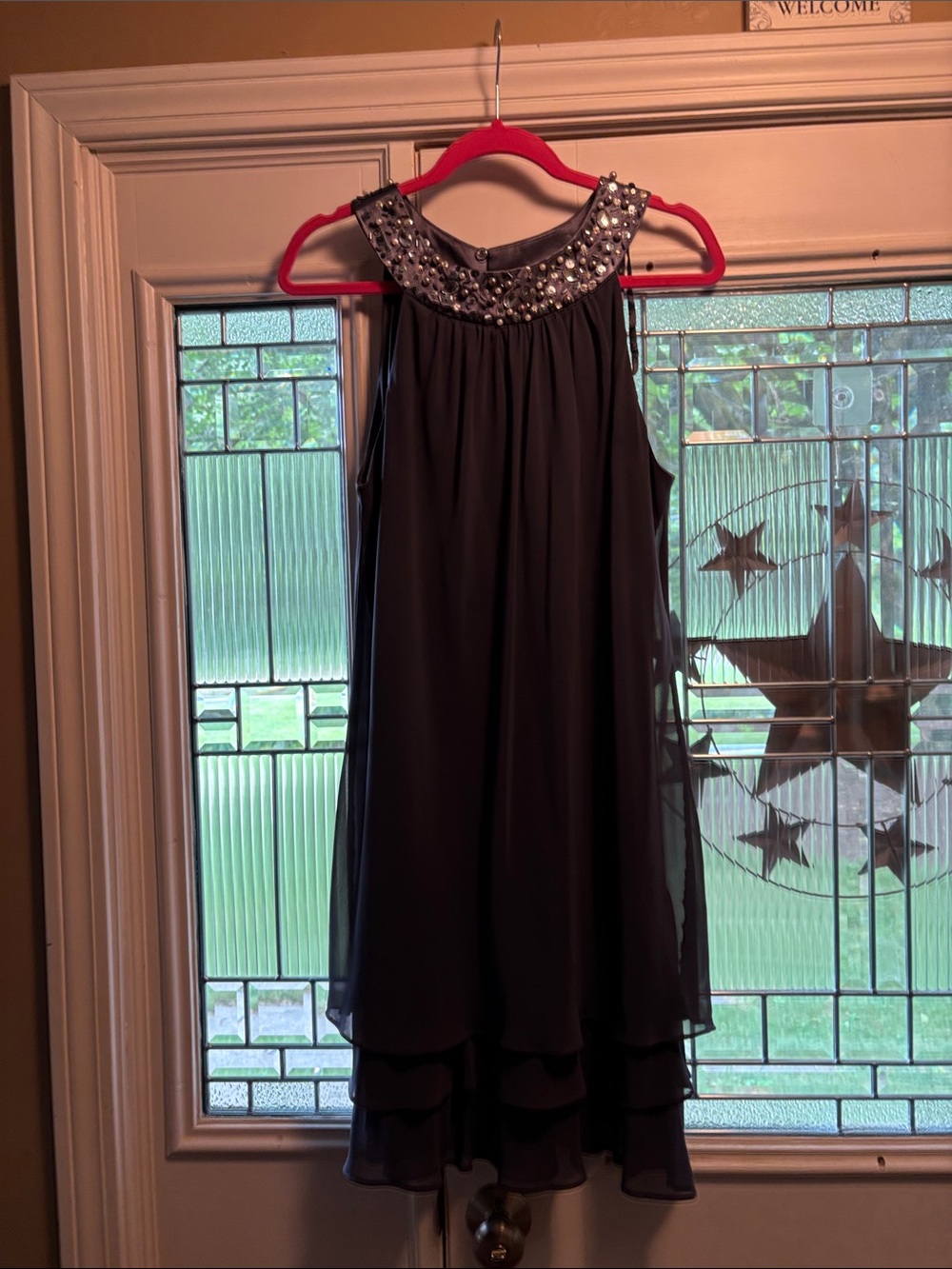S.L. Fashions Black Jeweled Yoke Layered Chiffon Cocktail Dress